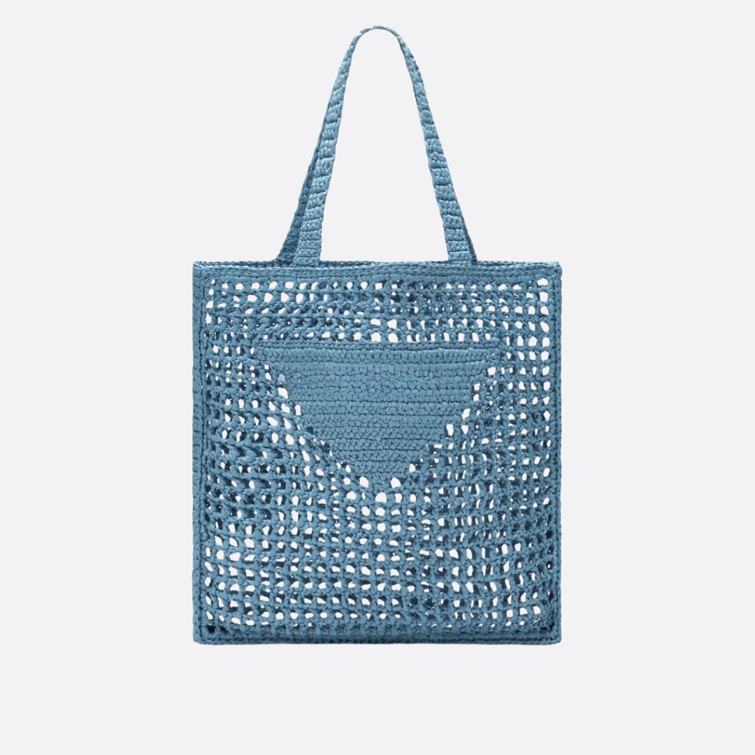 PRADA RAFFIA TASCHE MIT GEWEBTEM LOGO IN BLAU